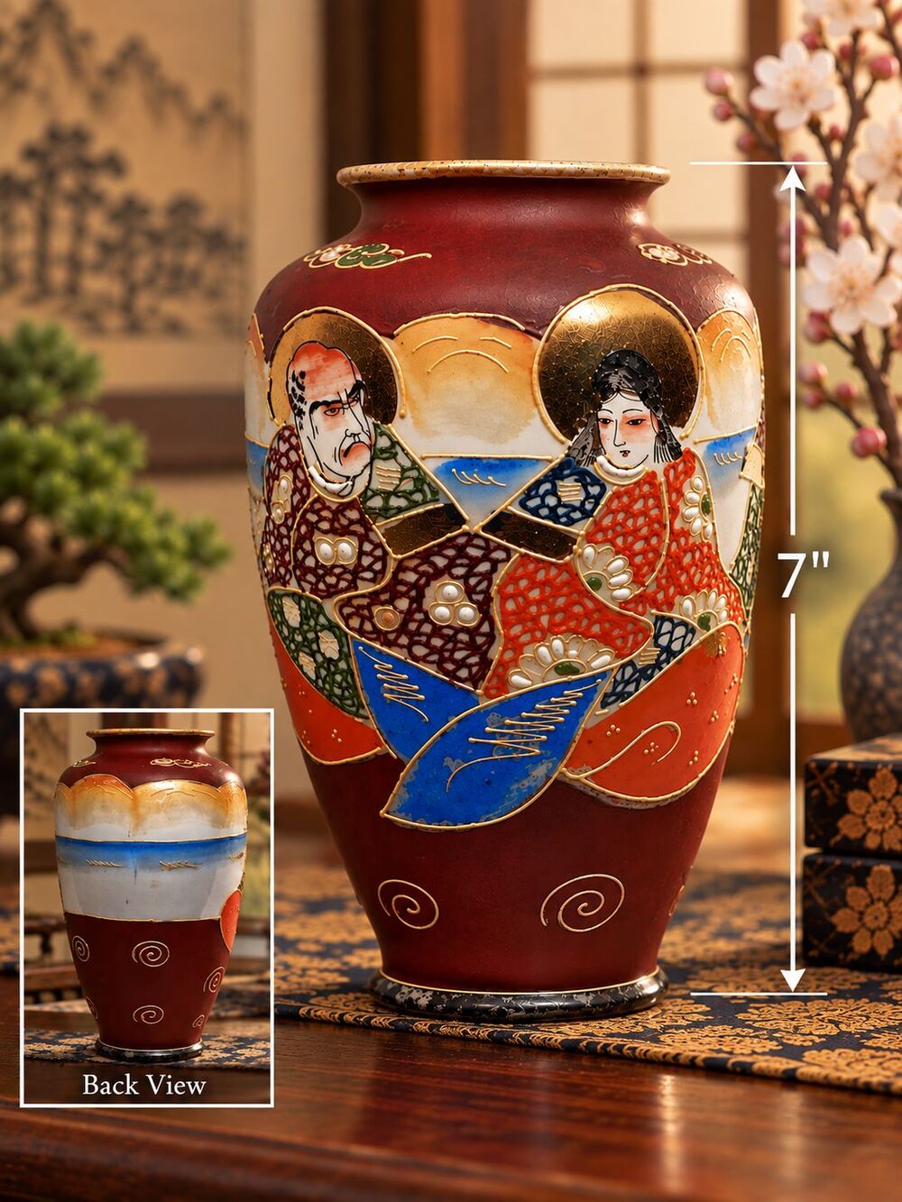 Vintage Japanese Satsuma Style Vase 7” Hand Painted Moriage Figures Gold Accents
